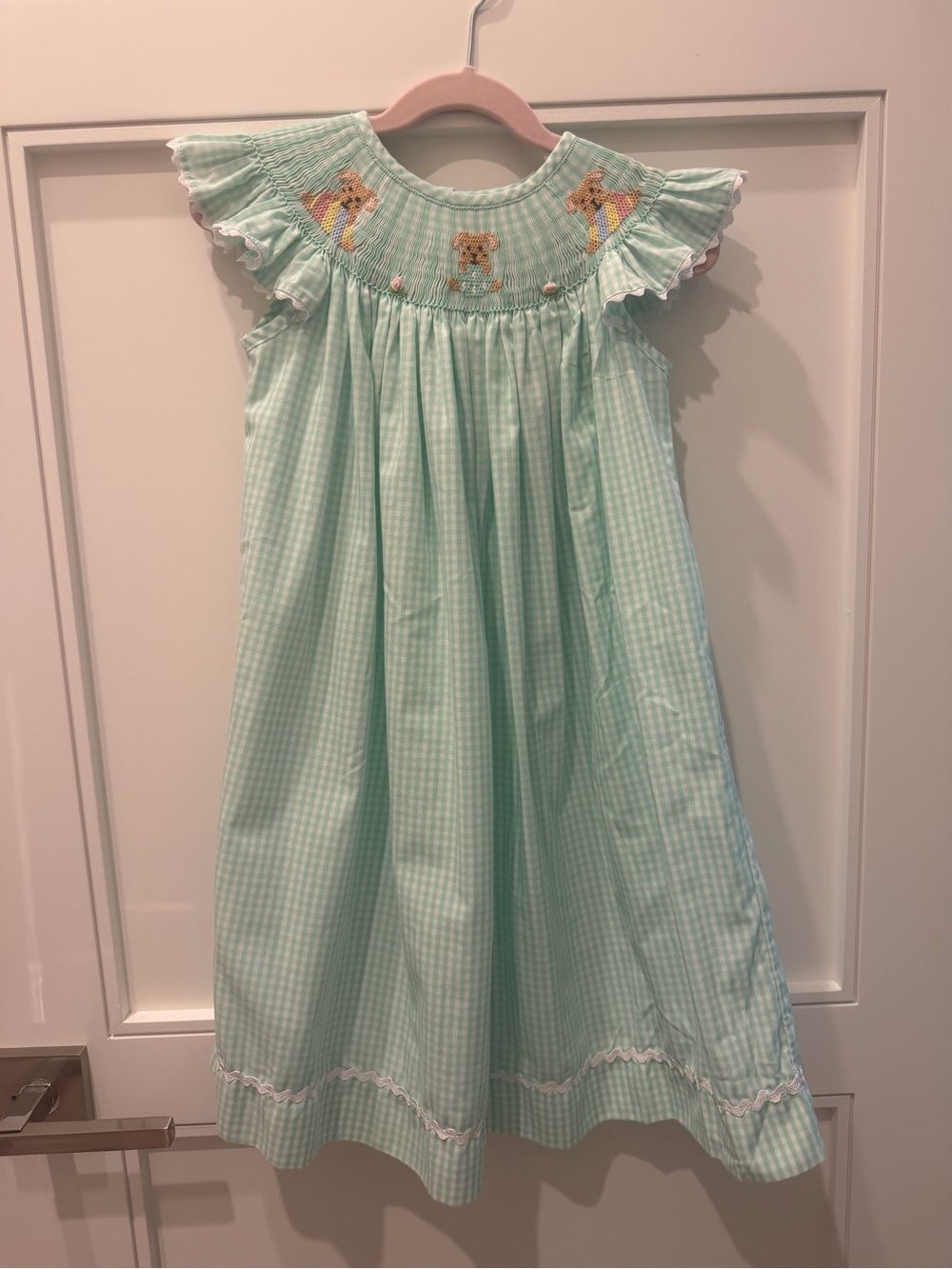 Smocked Mint Gingham Girls Easter Bunny Dress with Ruffle Collar